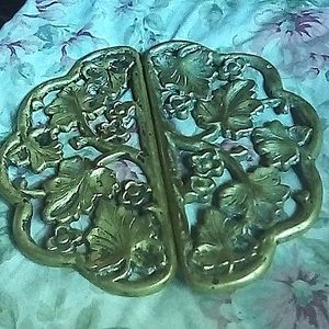 Cast Iron Table protector brass overlay floral motif vintage. Artist stamped.
